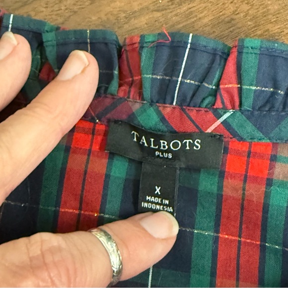 Talbots Plus Red Green Plaid Ruffle Neck Blouse XL Holiday Fall Winter Top - Picture 5 of 7